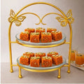 2-Tier Serving Stand – Elegant Golden Metal Rack with Glass Platters for Ramadan Iftar, Fruits, Snacks & Desserts