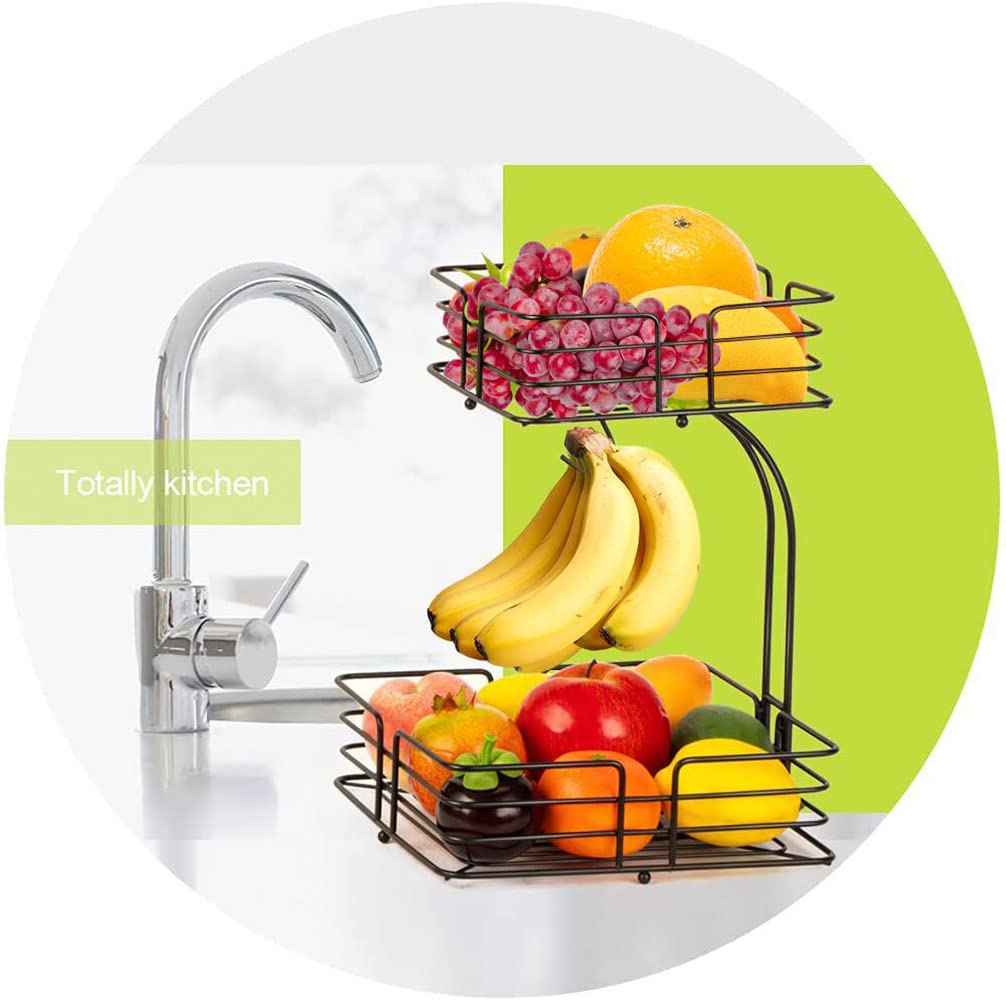 2-Tier Square Fruit Basket Black Metal Produce Stand
