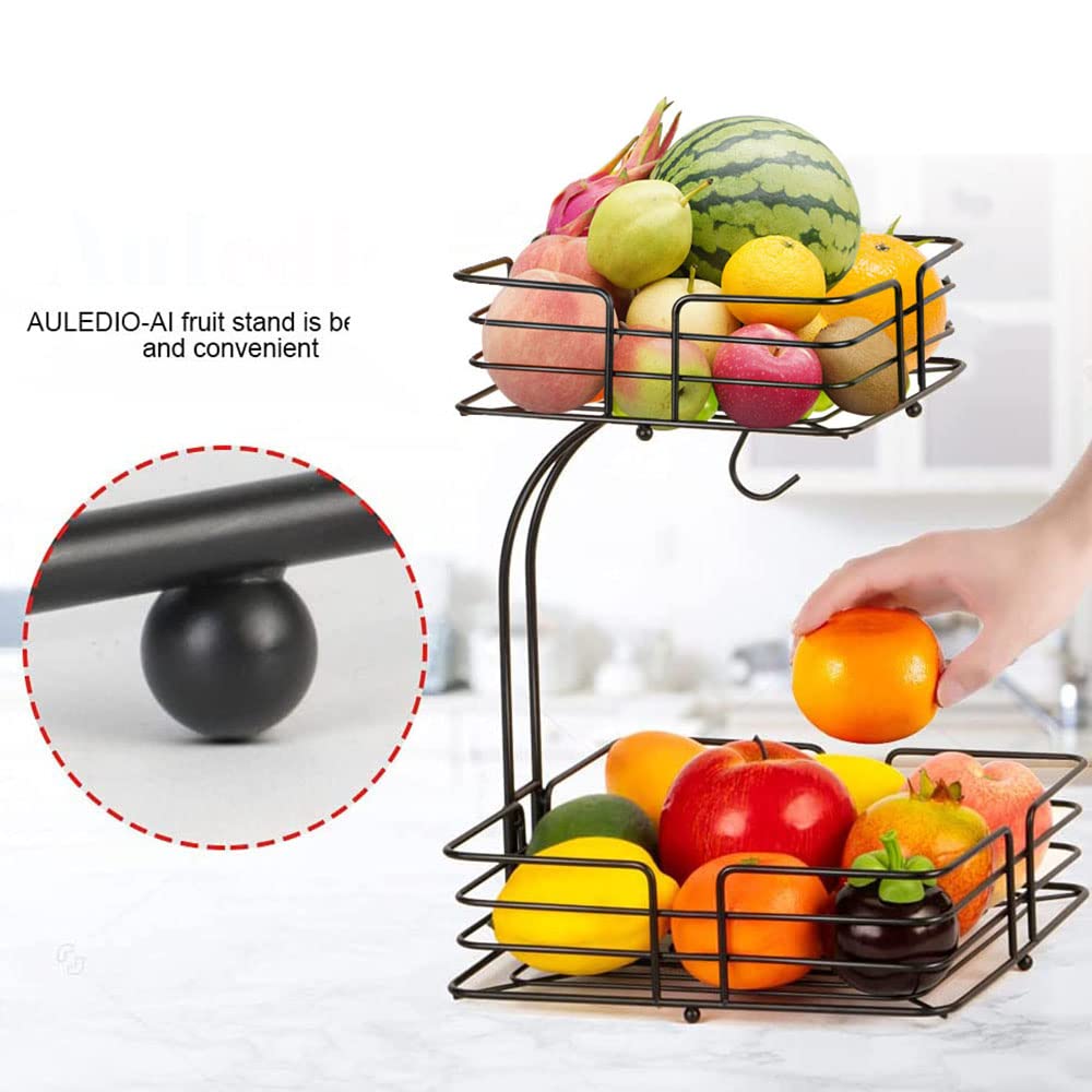 2-Tier Square Fruit Basket Black Metal Produce Stand