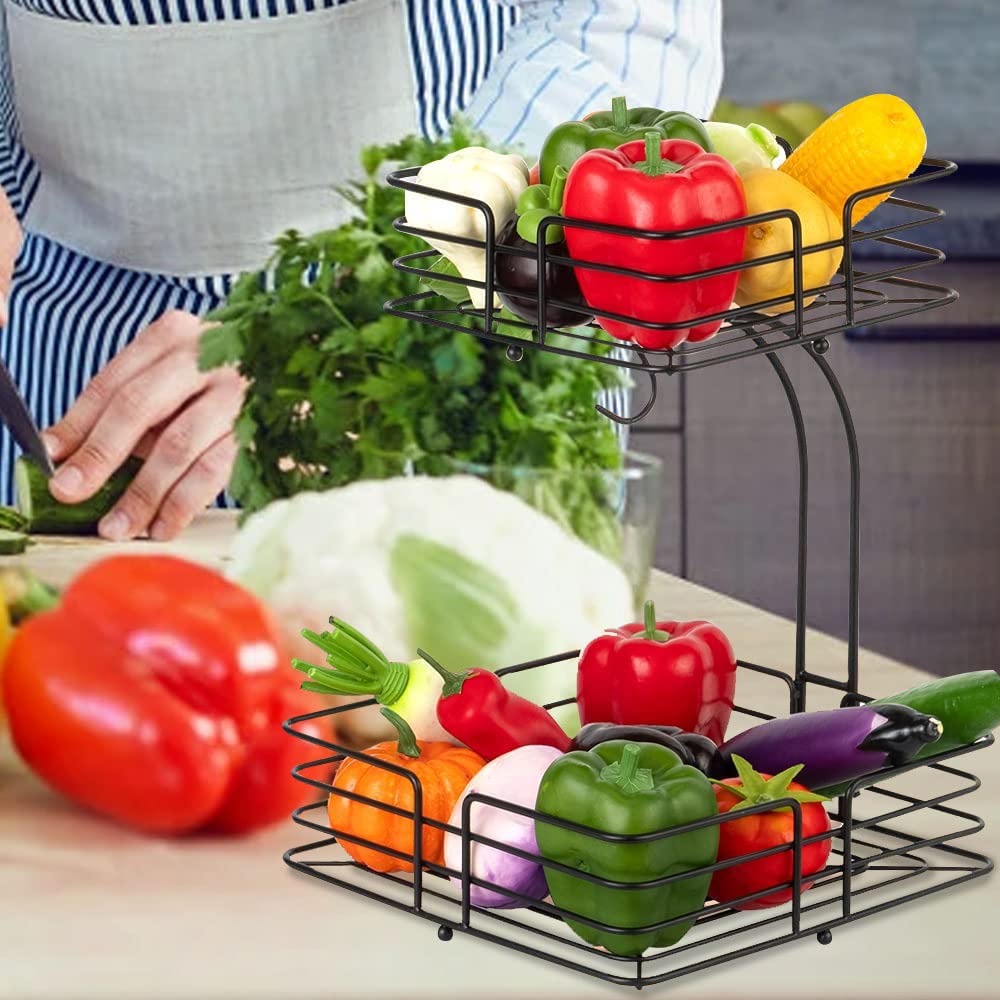 2-Tier Square Fruit Basket Black Metal Produce Stand