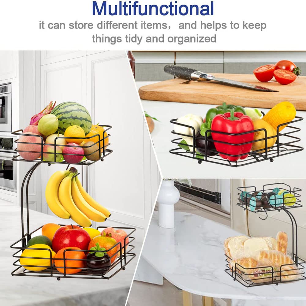 2-Tier Square Fruit Basket Black Metal Produce Stand