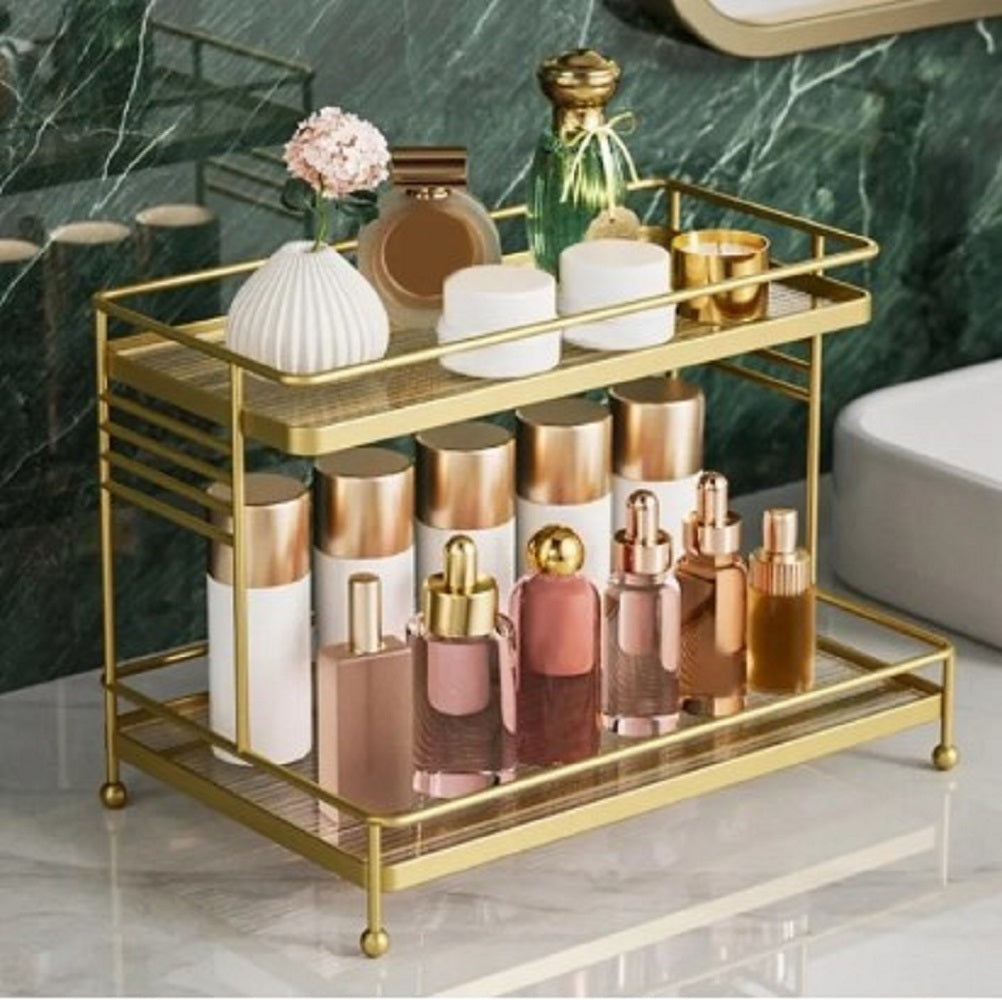 Luxury 2-Tier Gold Display Rack - Multipurpose Metal Organizer for Dessert, Perfume & Cosmetics