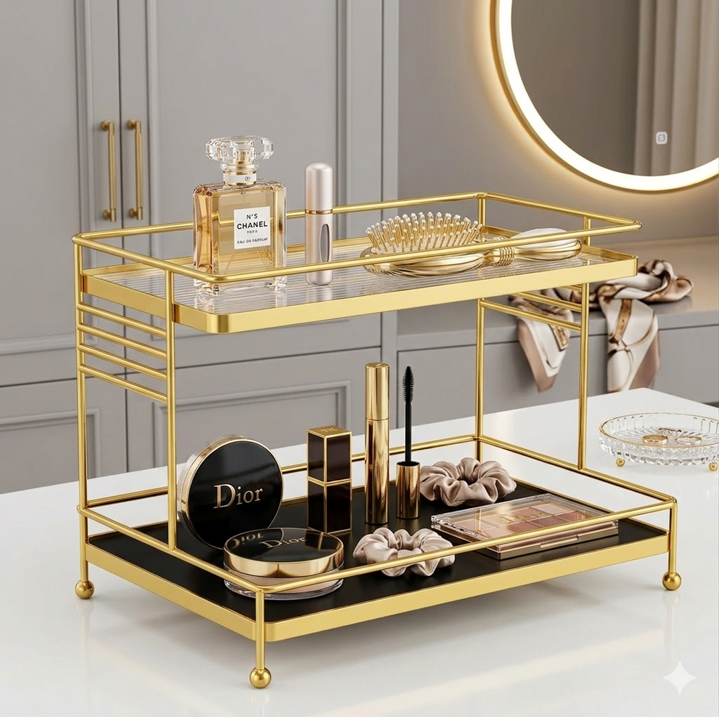 Luxury 2-Tier Gold Display Rack - Multipurpose Metal Organizer for Dessert, Perfume & Cosmetics
