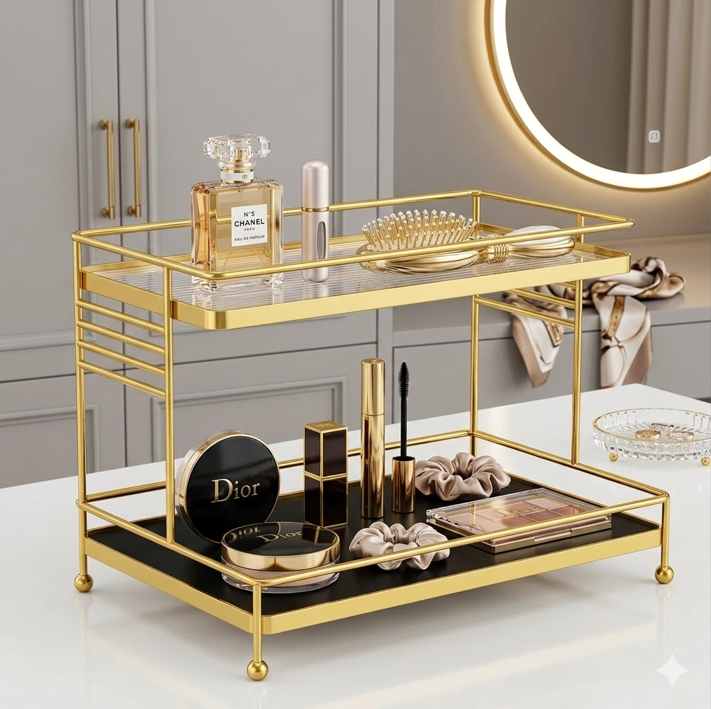 Luxury 2-Tier Gold Display Rack - Multipurpose Metal Organizer for Dessert, Perfume & Cosmetics