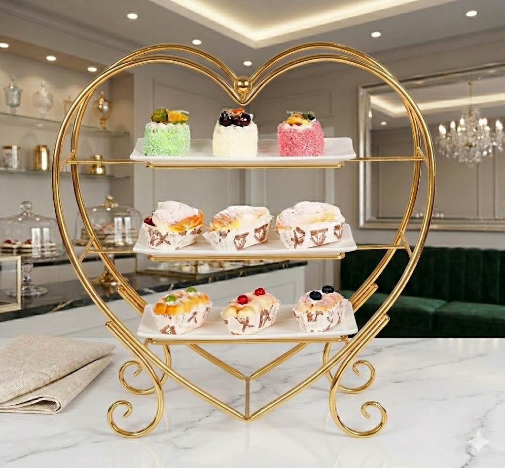 Luxury 3-Tier Heart-Shaped Serving Stand – Elegant Golden Metal Rack with White Ceramic Platters for High Tea, Desserts & Events