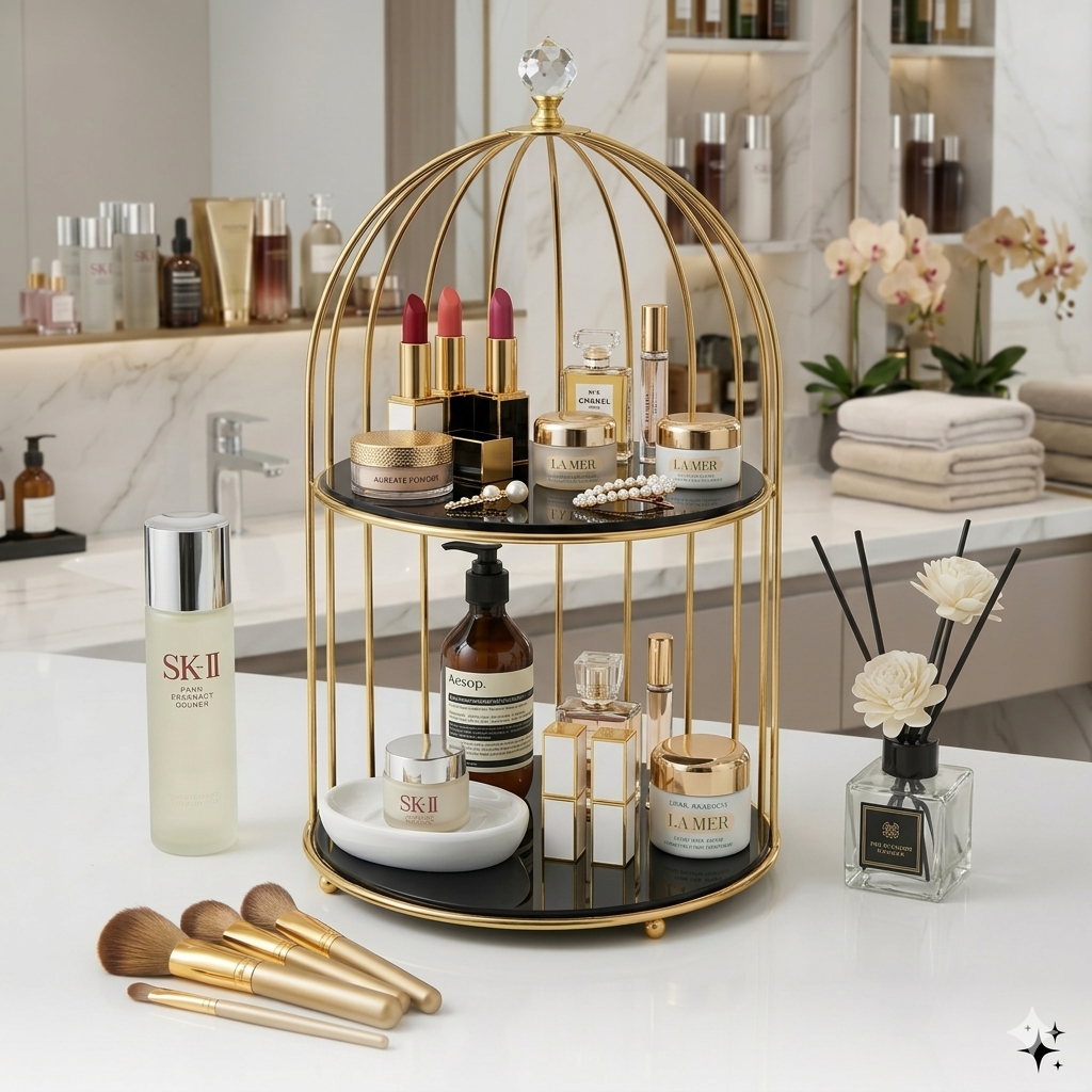 2tier Luxury Golden Birdcage Cosmetic Organizer – Premium Metal Makeup & Perfume Display Stand with White Marble Acrylic Base