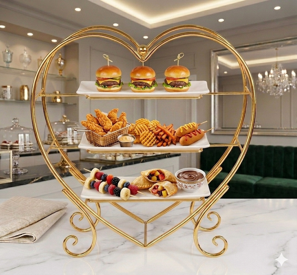 Luxury 3-Tier Heart-Shaped Serving Stand – Elegant Golden Metal Rack with White Ceramic Platters for High Tea, Desserts & Events