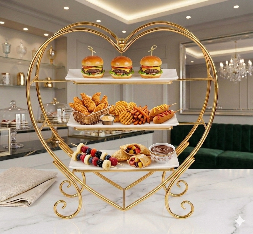 Luxury 3-Tier Heart-Shaped Serving Stand – Elegant Golden Metal Rack with White Ceramic Platters for High Tea, Desserts & Events