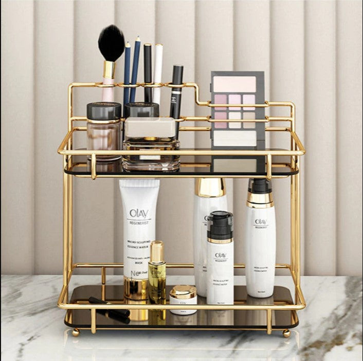 2-Tier Premium Vanity Organizer – Shiny Gold Frame with Integrated Makeup Brush Holder – Luxury Black Marble Base