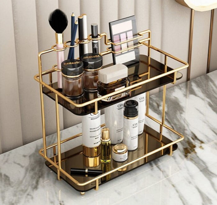 2-Tier Premium Vanity Organizer – Shiny Gold Frame with Integrated Makeup Brush Holder – Luxury Black Marble Base