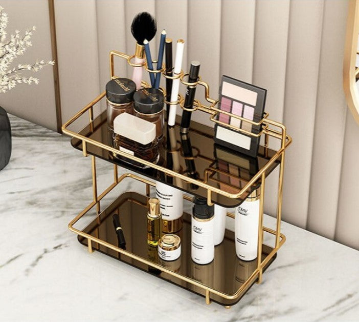 2-Tier Premium Vanity Organizer – Shiny Gold Frame with Integrated Makeup Brush Holder – Luxury Black Marble Base