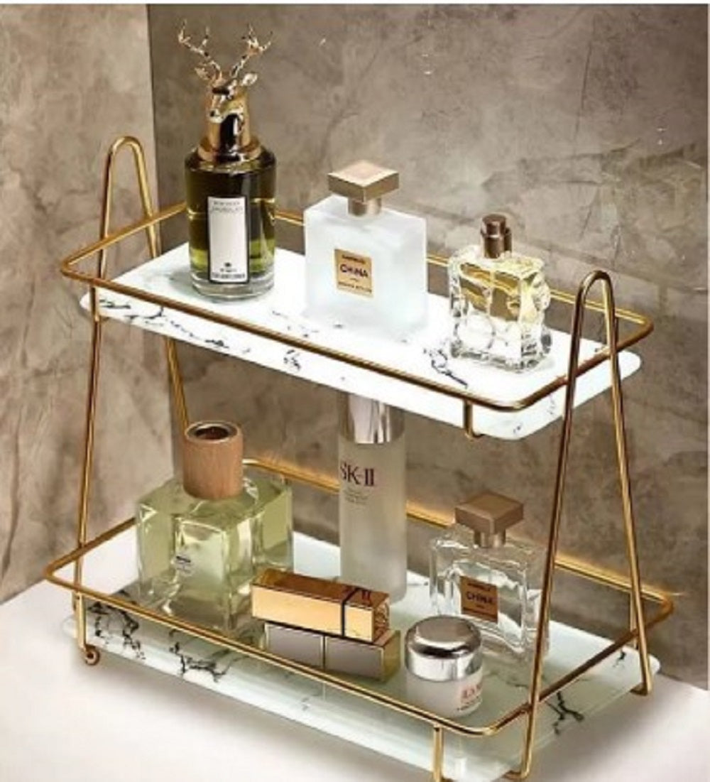 Luxury 2-Tier Gold Display Rack - Multipurpose Metal Organizer for Dessert, Perfume & Cosmetics