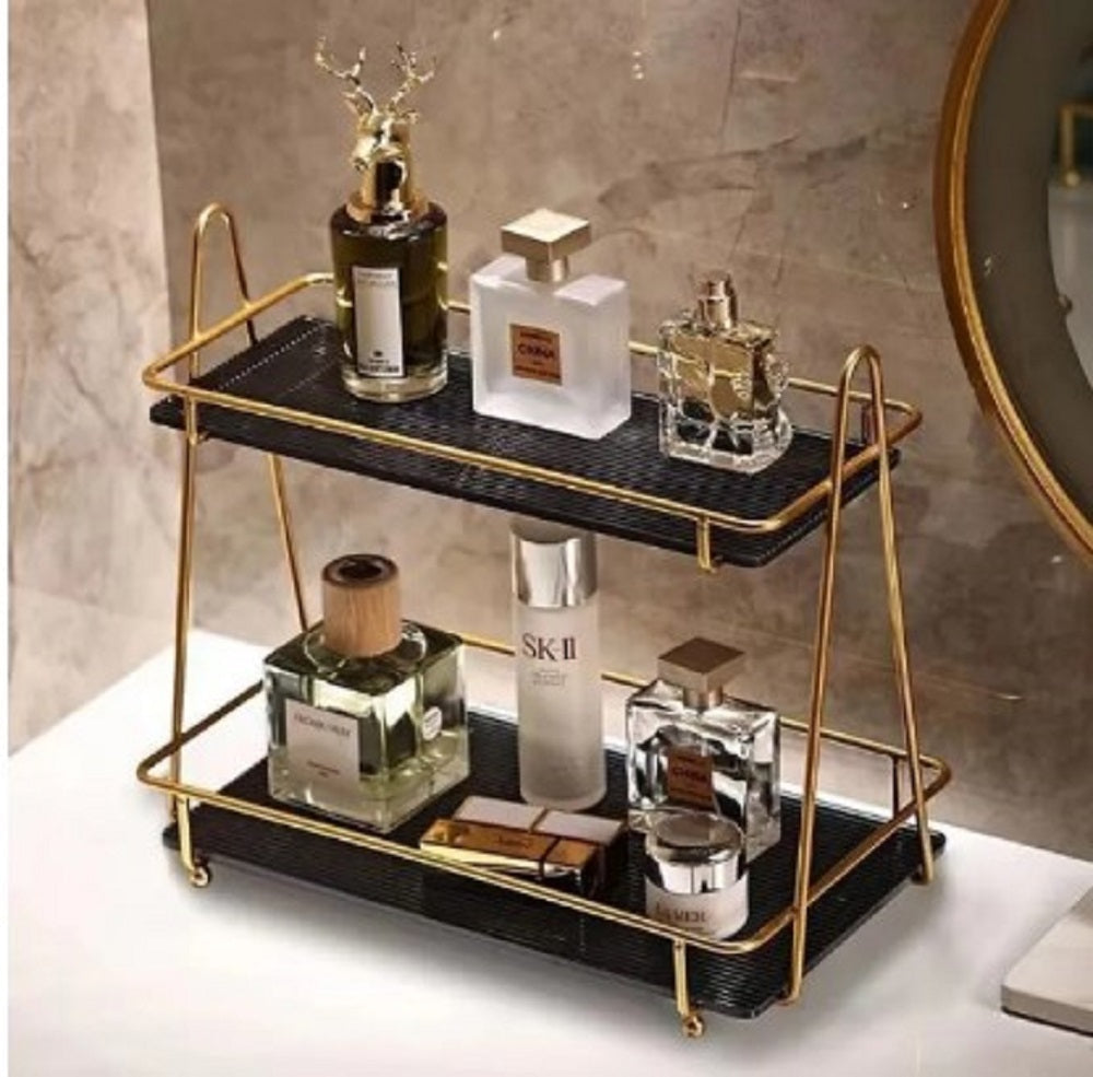 Luxury 2-Tier Gold Display Rack - Multipurpose Metal Organizer for Dessert, Perfume & Cosmetics
