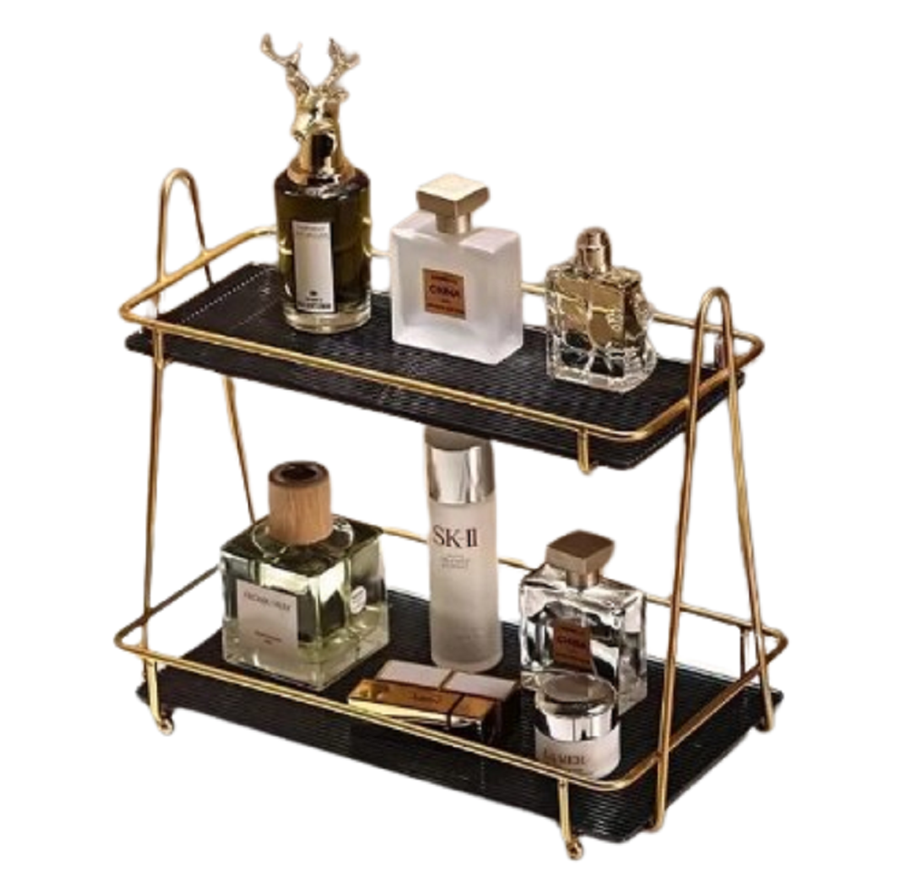 Luxury 2-Tier Gold Display Rack - Multipurpose Metal Organizer for Dessert, Perfume & Cosmetics