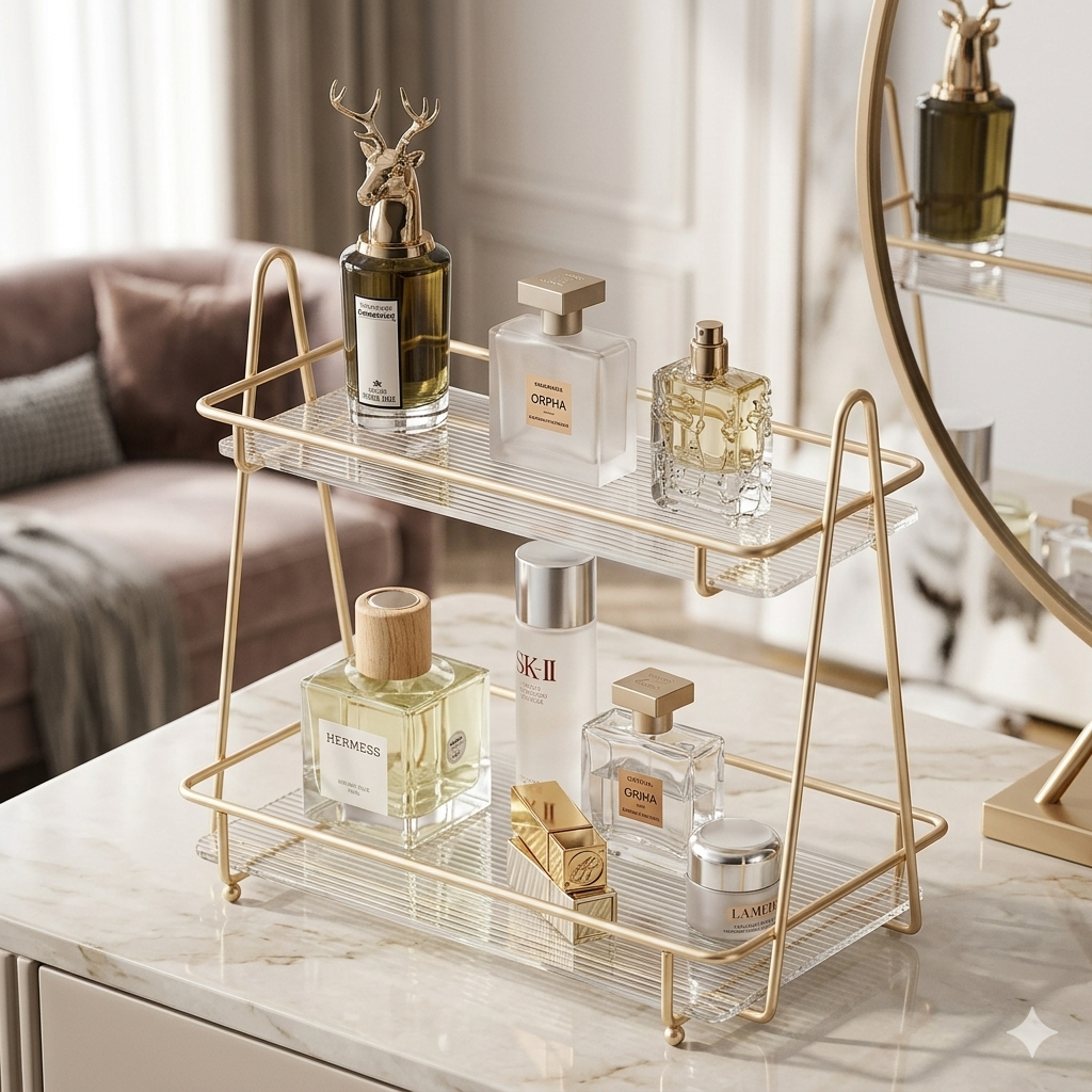 Luxury 2-Tier Gold Display Rack - Multipurpose Metal Organizer for Dessert, Perfume & Cosmetics