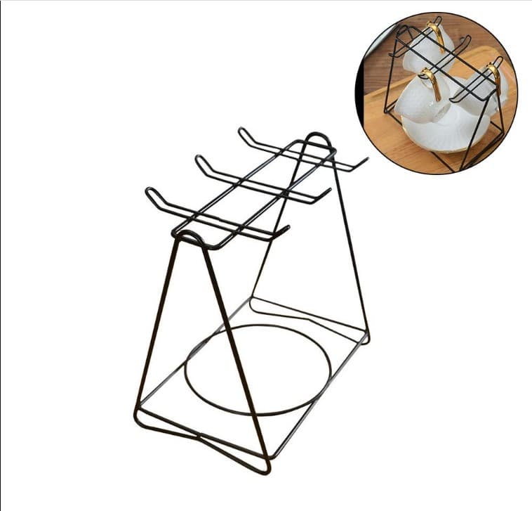 Cups Holder Stand dishes Plate Rack Premium Golden Square Cup & Saucer Rack – 6-Hook Metal Tea Set Organizer