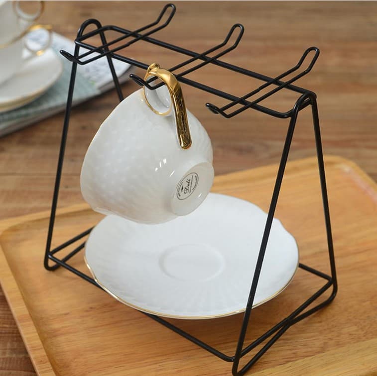 Cups Holder Stand dishes Plate Rack Premium Golden Square Cup & Saucer Rack – 6-Hook Metal Tea Set Organizer