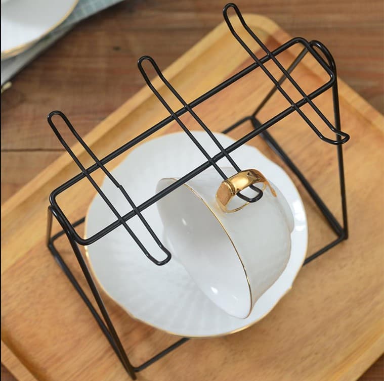 Cups Holder Stand dishes Plate Rack Premium Golden Square Cup & Saucer Rack – 6-Hook Metal Tea Set Organizer