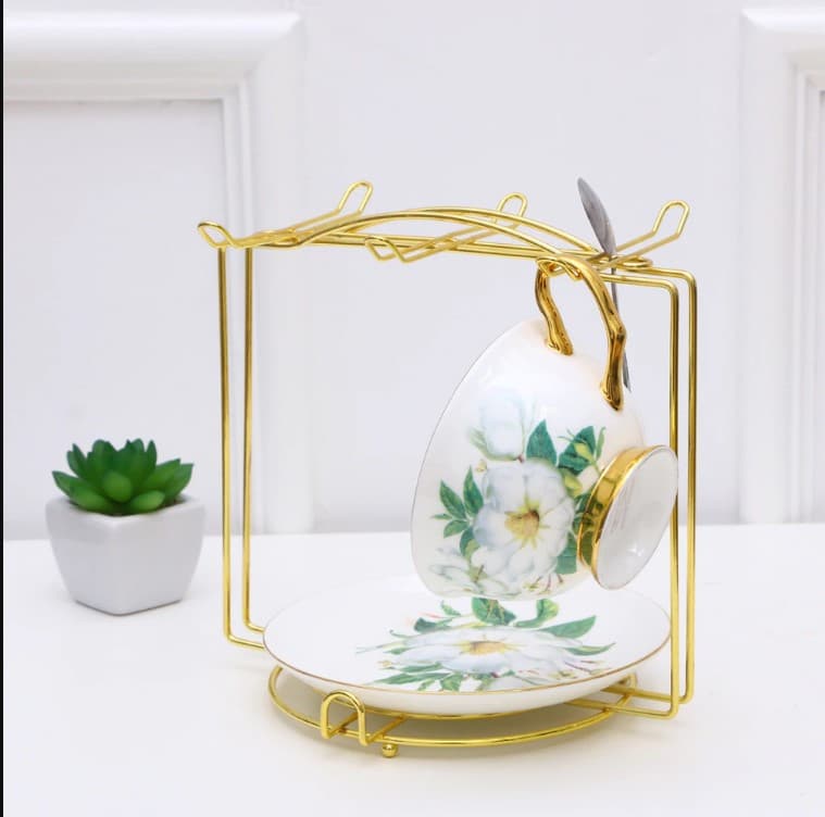 Premium Golden Square Cup & Saucer Rack – 6-Hook Metal Cups Holder Stand with Dish & Plate Organizer