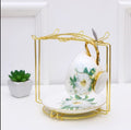 Premium Golden Square Cup & Saucer Rack – 6-Hook Metal Cups Holder Stand with Dish & Plate Organizer