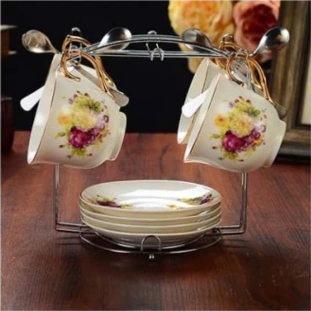 Premium Golden Square Cup & Saucer Rack – 6-Hook Metal Cups Holder Stand with Dish & Plate Organizer