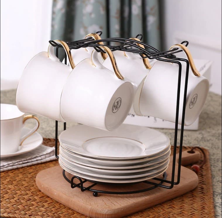 Premium Golden Square Cup & Saucer Rack – 6-Hook Metal Cups Holder Stand with Dish & Plate Organizer