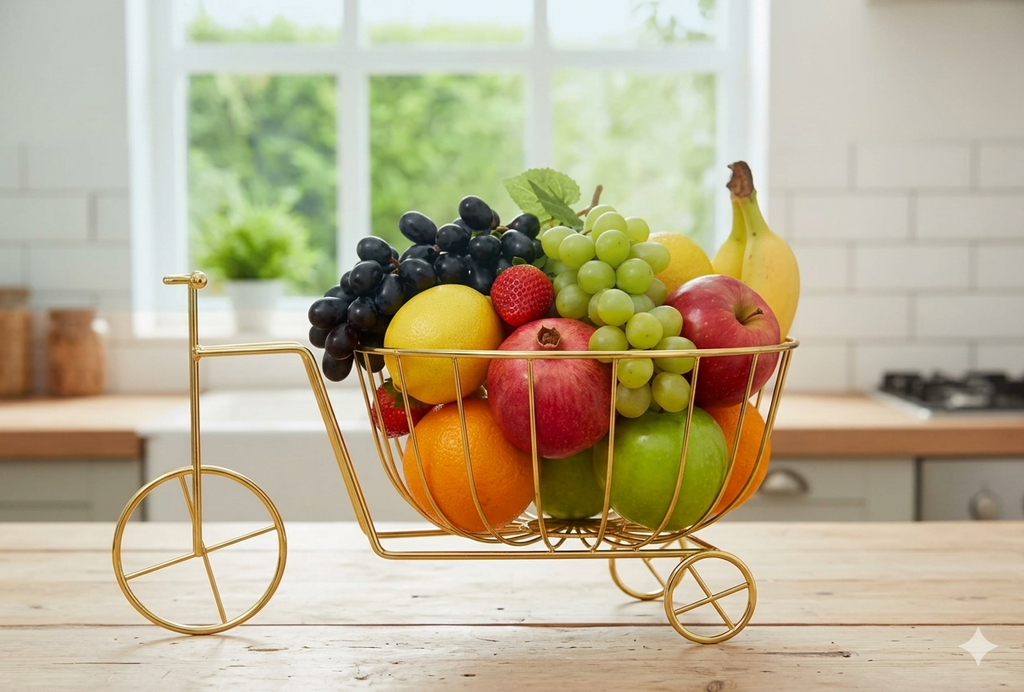 Luxury Bicycle Style Rectangular Metal Fruit Basket – Premium Decorative Kitchen Storage & Centerpiece Rack (Golden & Black)