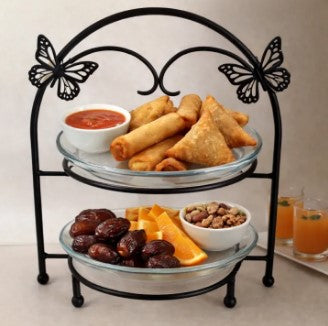 2-Tier Serving Stand – Elegant Golden Metal Rack with Glass Platters for Ramadan Iftar, Fruits, Snacks & Desserts