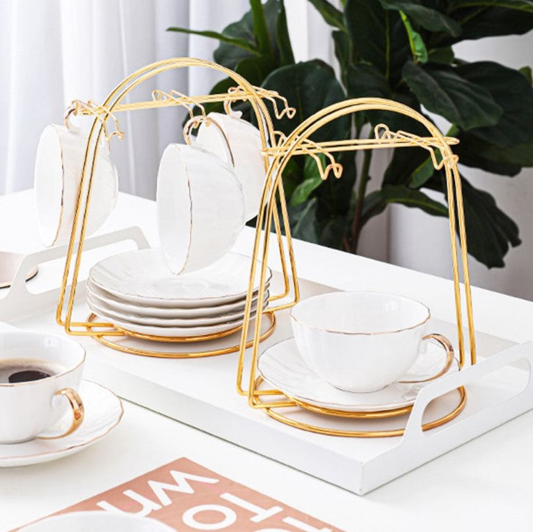 Metal Cup & Saucer Stand – 6-Hook Kitchen Tea Set Organizer Rack