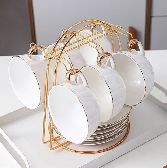Metal Cup & Saucer Stand – 6-Hook Kitchen Tea Set Organizer Rack