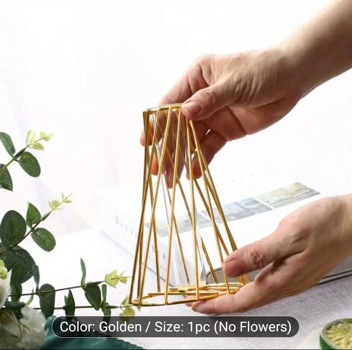 Luxury Gold Geometric Metal Wire Flower Vase – Elegant Nordic Tabletop Glass Test Tube Planter for Home Decor