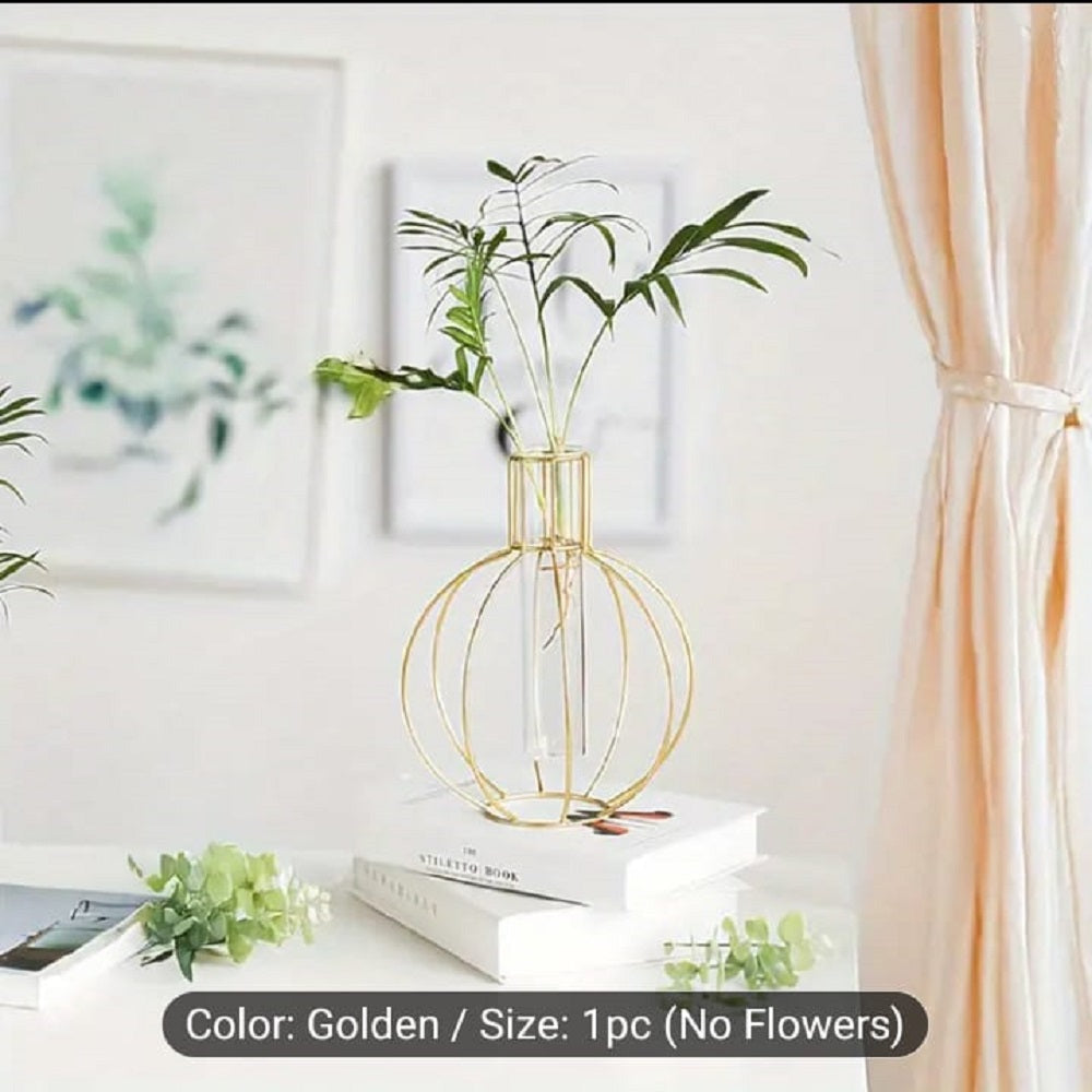 Round Wire Flower Vase – Elegant Nordic Tabletop Globe Planter with Glass Test Tube