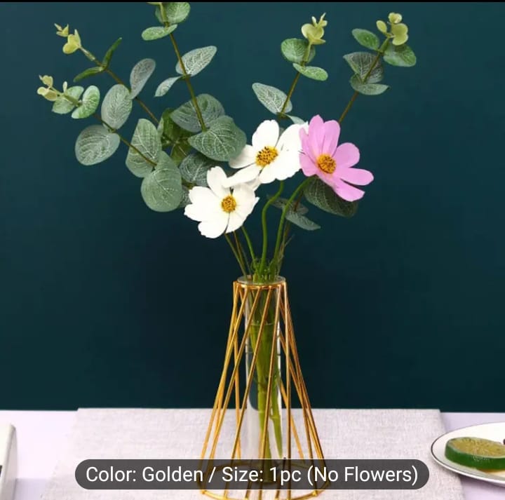 Luxury Gold Geometric Metal Wire Flower Vase – Elegant Nordic Tabletop Glass Test Tube Planter for Home Decor