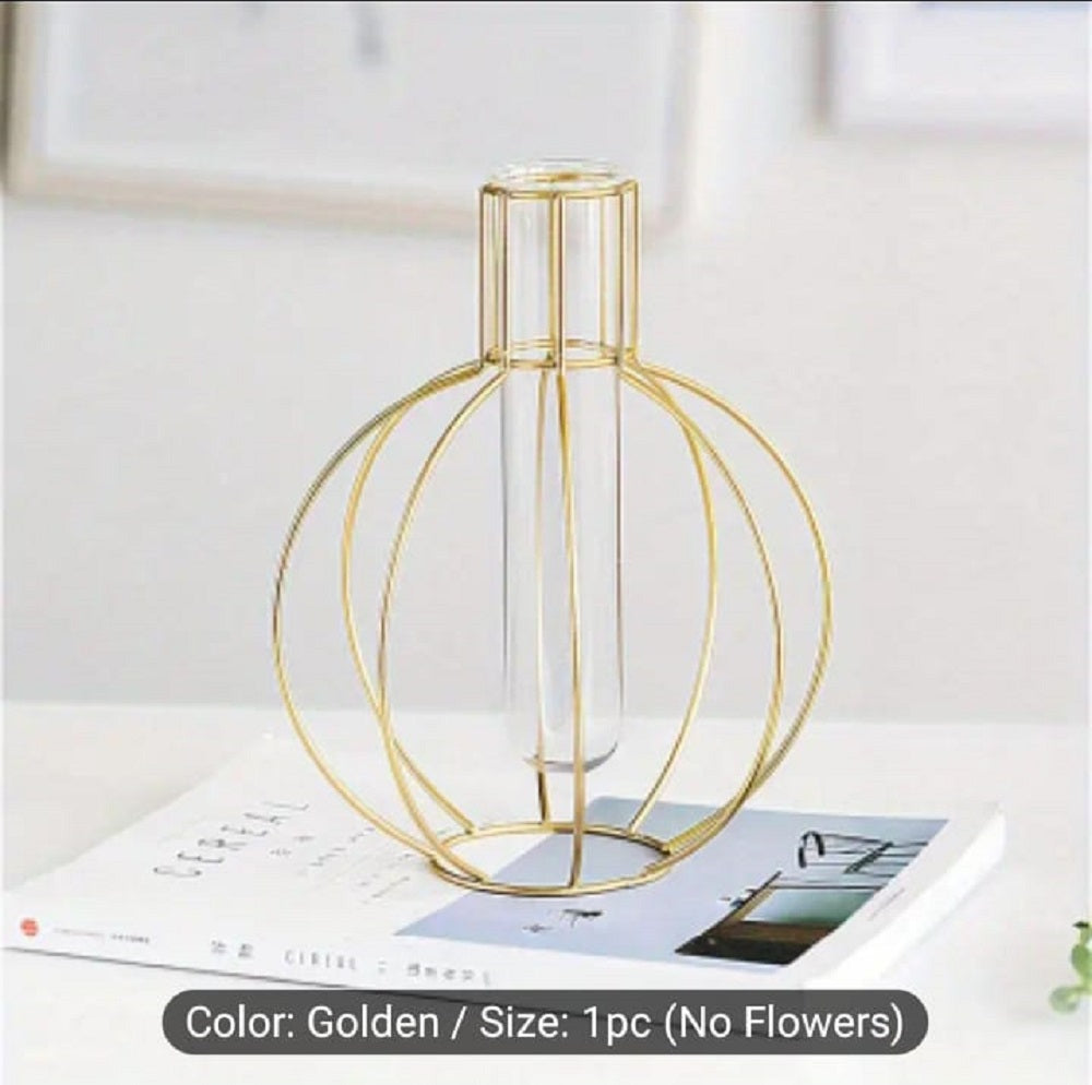 Round Wire Flower Vase – Elegant Nordic Tabletop Globe Planter with Glass Test Tube