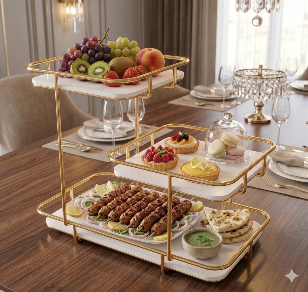 Exclusive 3-Tier Golden Buffet Server – Luxury Food Display Stand for Fruits, Sweets & Starters