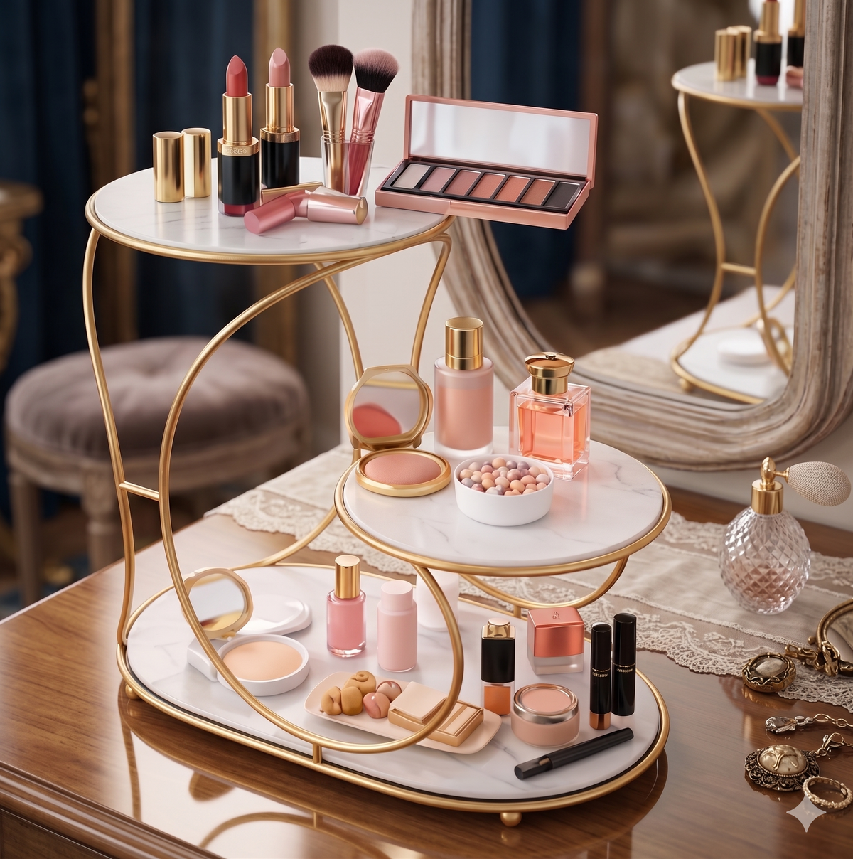 3-Tier Golden Cosmetic Organizer – Premium Vanity Stand with Black Acrylic Base for Perfumes & Makeup Display