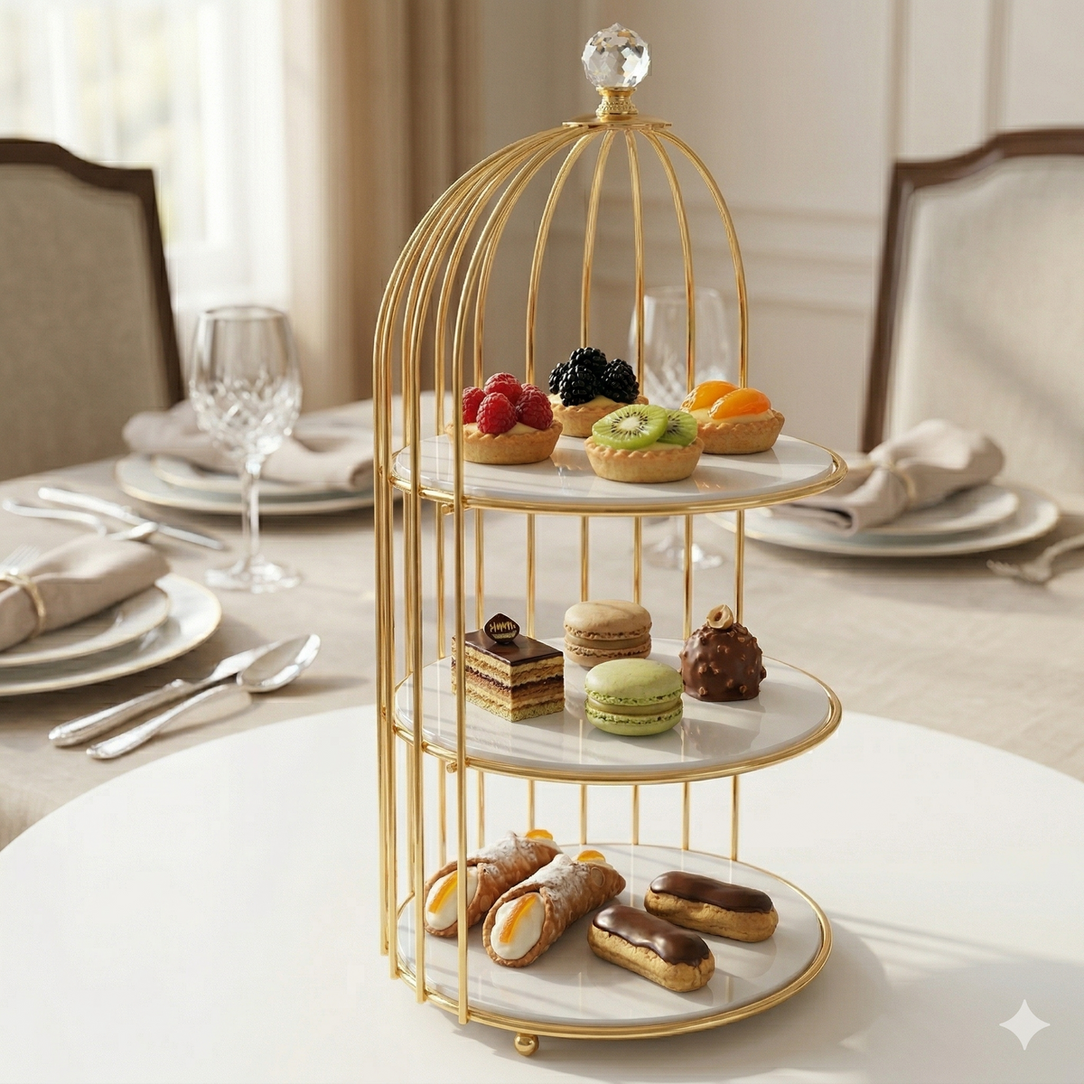 2tier Luxury Golden Birdcage Cosmetic Organizer – Premium Metal Makeup & Perfume Display Stand with White Marble Acrylic Base