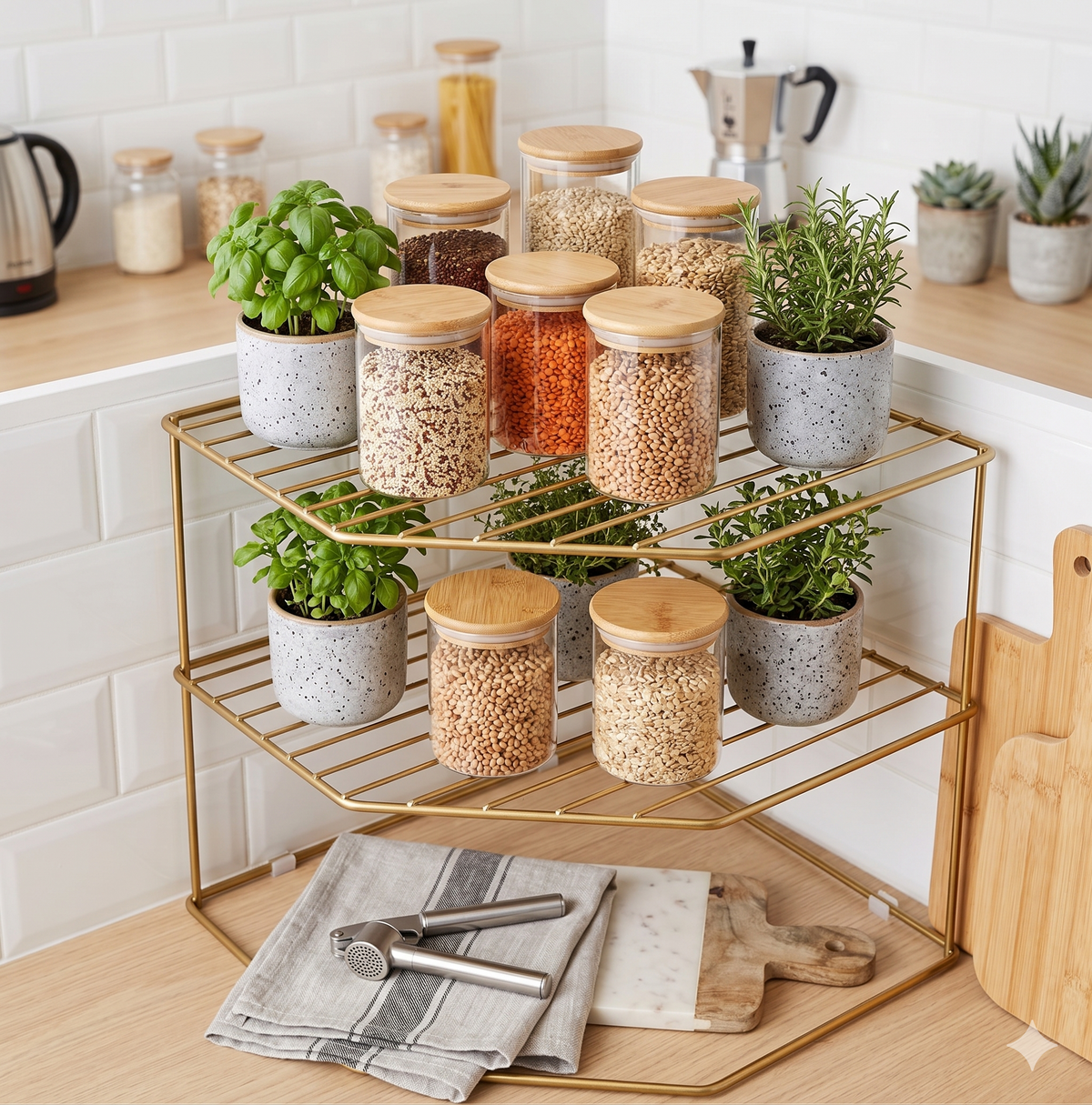 Luxury Golden 2-Tier Kitchen Corner Storage Organizer – Premium Metal Spice Rack & Plate Holder – Heavy-Duty Countertop Display Stand