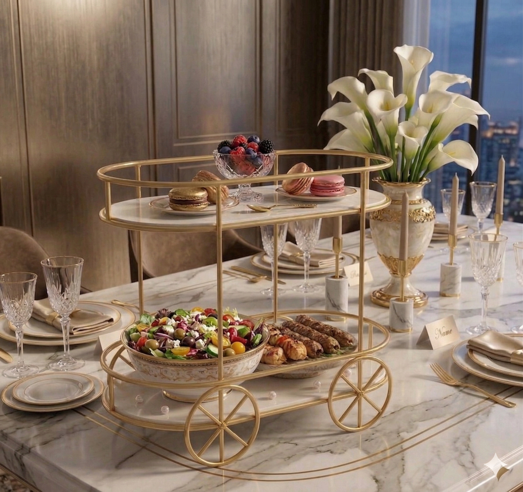 2-Tier Trolley Shape Golden Rack – Cake Stand, Pastry Stand & Cosmetic Organizer