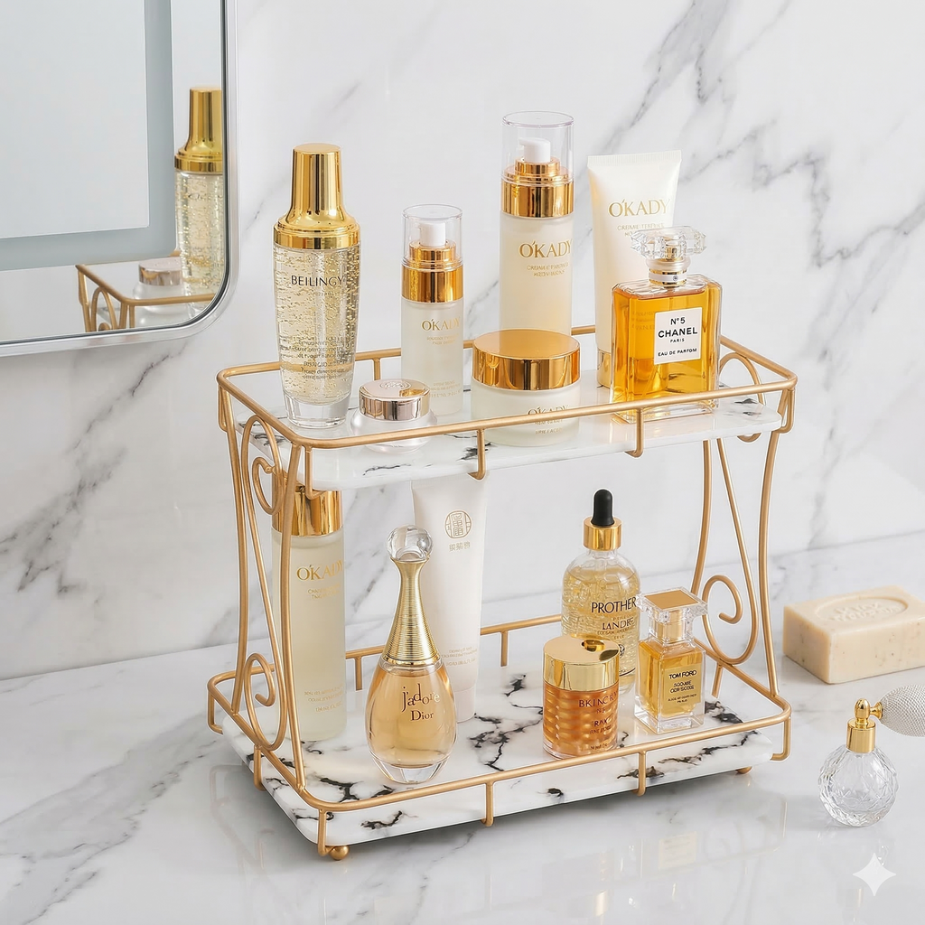 Luxury 2-Tier Rectangular Vanity Rack – Shiny Gold Frame with Side Spiral Design – Premium Black Marble Base Organizer