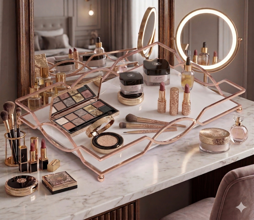 Luxury Gold Vanity Tray with – Elegant Makeup, Perfume & Jewelry Organizer for Dressing Table