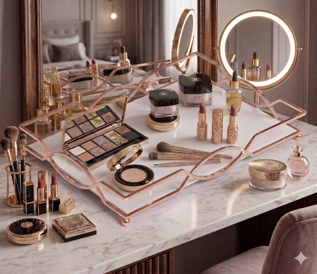 Luxury Gold Vanity Tray with – Elegant Makeup, Perfume & Jewelry Organizer for Dressing Table