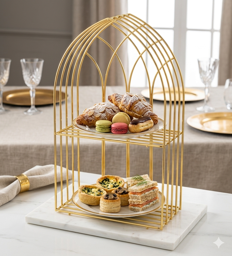 Luxury 2-Tier Gold Display Rack – Multipurpose Metal Organizer for Dessert, Perfume & Cosmetics