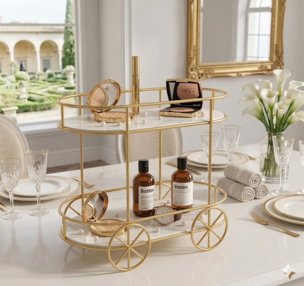 2-Tier Trolley Shape Golden Rack – Cake Stand, Pastry Stand & Cosmetic Organizer