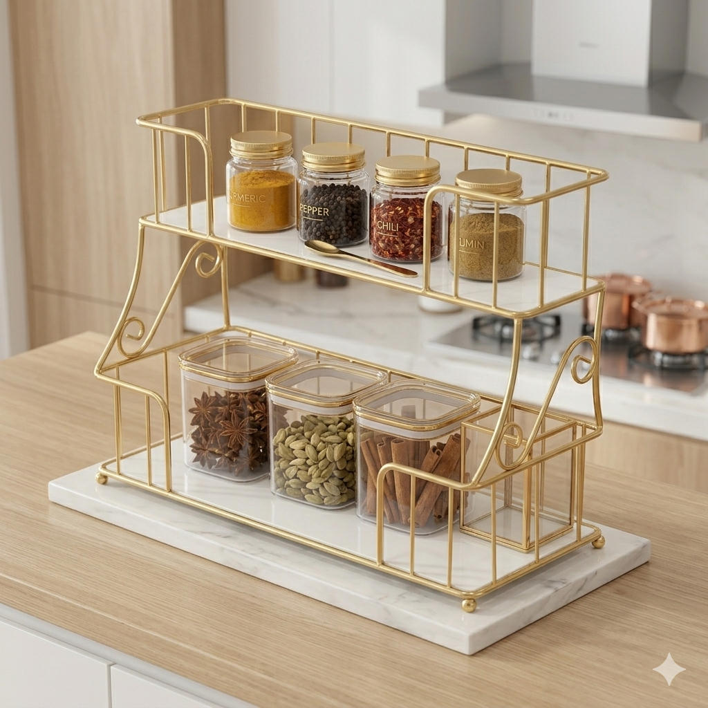Premium 2-Tier Golden Cosmetic Organizer – Luxury Dressing Table Storage Rack with White Acrylic Base