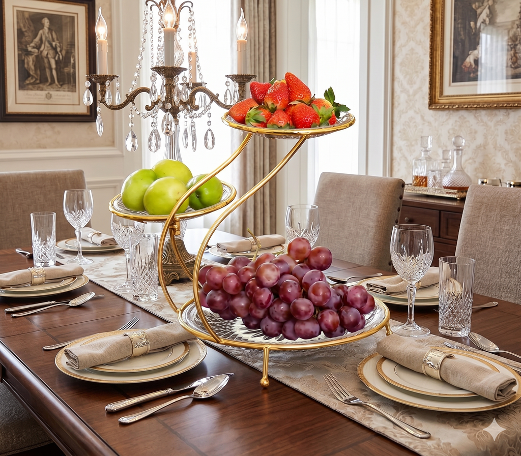 Luxury 3-Tier Spiral Fruit Serving Rack – Elegant Gold Metal Stand with Glass Plates for Fruits & Desserts