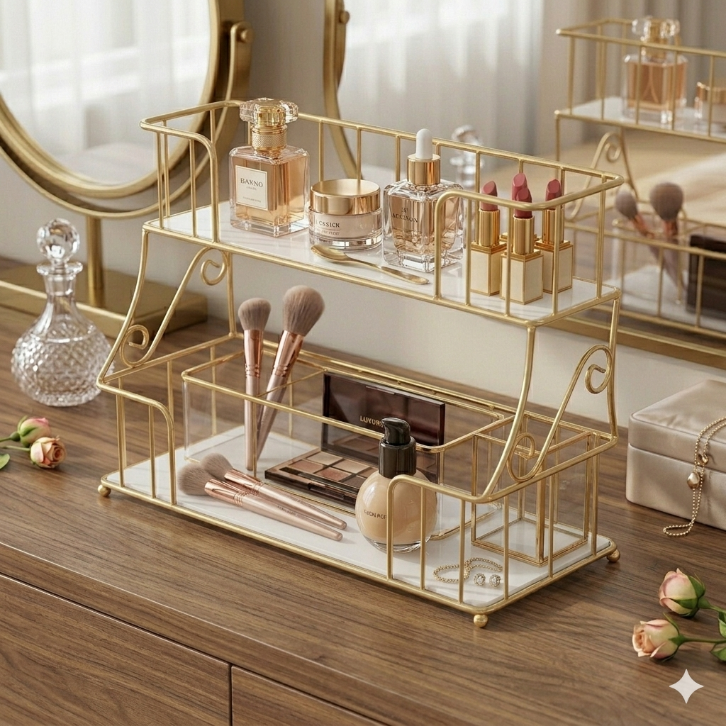 Premium 2-Tier Golden Cosmetic Organizer – Luxury Dressing Table Storage Rack with White Acrylic Base
