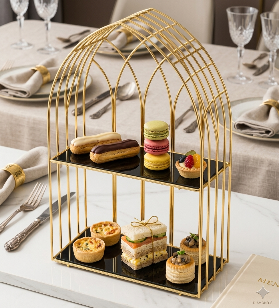Luxury 2-Tier Gold Display Rack – Multipurpose Metal Organizer for Dessert, Perfume & Cosmetics
