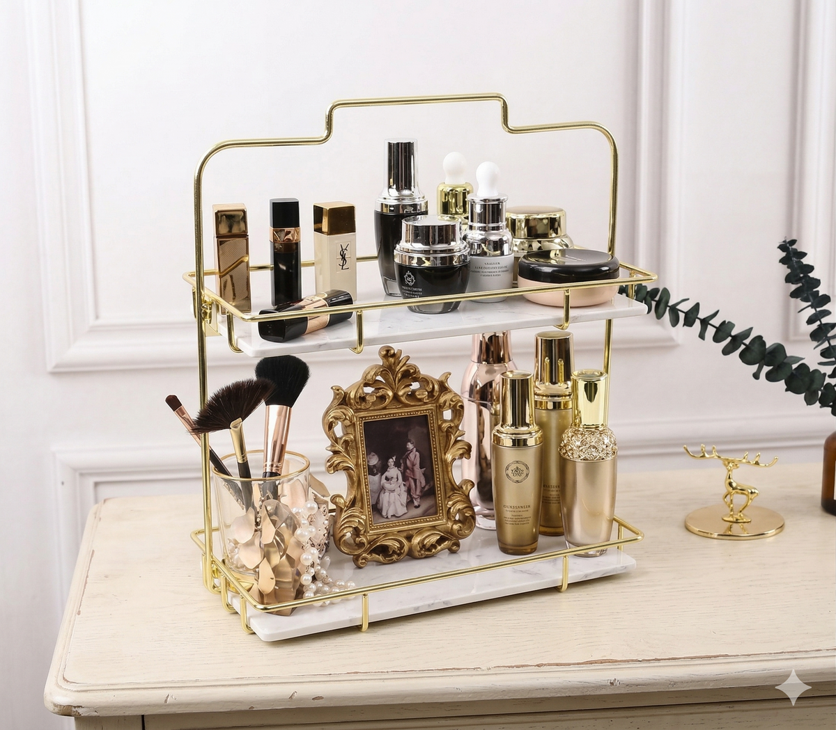 2-Tier Golden Vanity Rack – Elegant Makeup & Skincare Organizer :