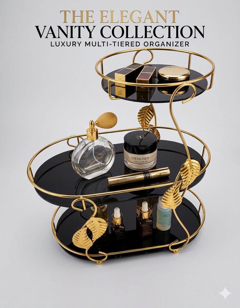 3-Tier Luxury Makeup Organizer Storage Rack – Gold Metal Leaf Frame Cosmetic & Perfume Display Stand